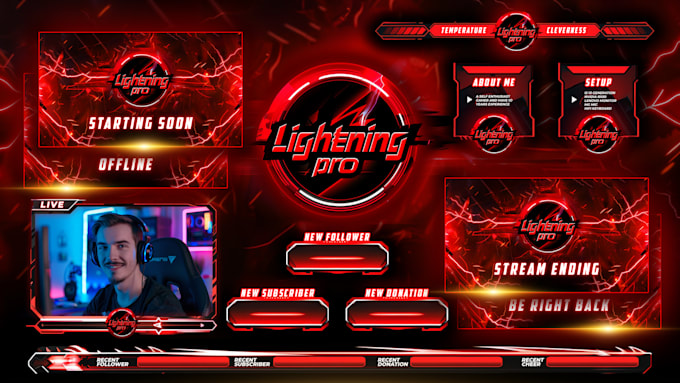create elegant twitch overlay, twitch logo, panels, alerts and screens