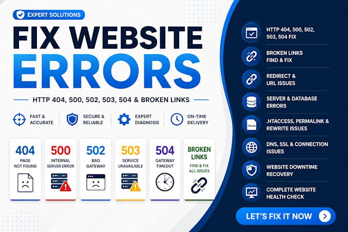 fix website errors , http 404, 500, 502, 503, 504, broken links, redirect errors