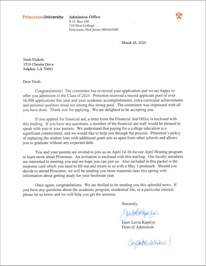 Harvard Acceptance Letter