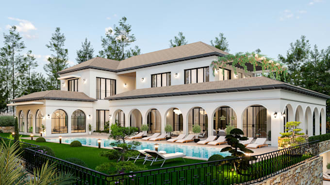 design house elevation, exterior 3d rendering and animation
