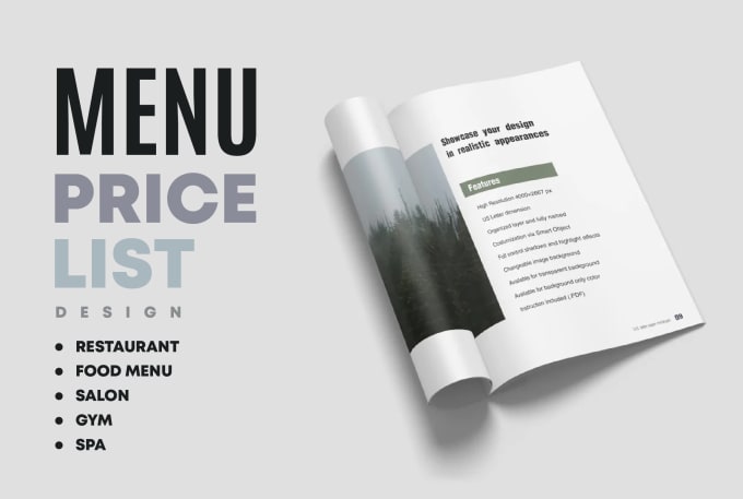 design salon, spa, gym, restaurant, food price menu, or price list