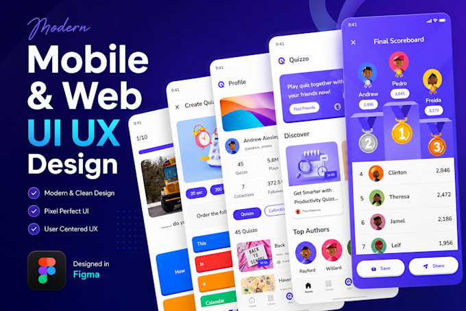 do modern app ui ux design and app store screenshots in figma