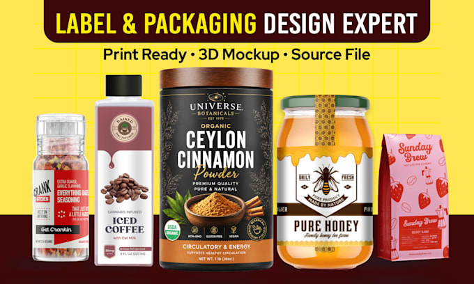 professional product label design, honey label, spice label, coffee packaging