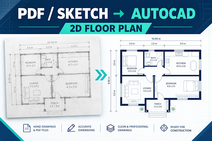 convert PDF, jpg, and sketches to autocad floor plans