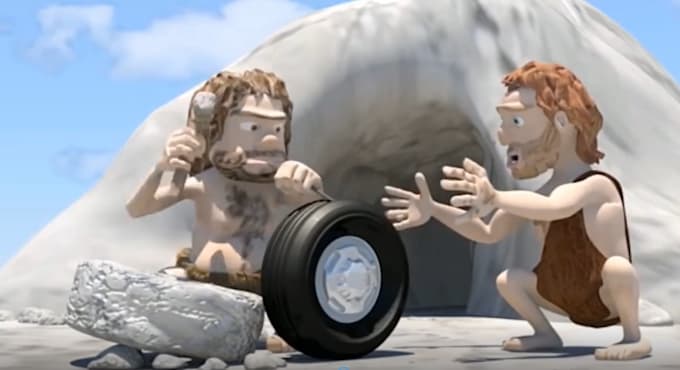 add logo and slogan in funny caveman wheel video ad