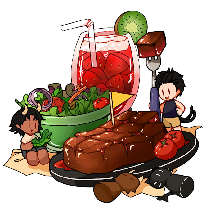 draw cute character and yummy dish illustration for you