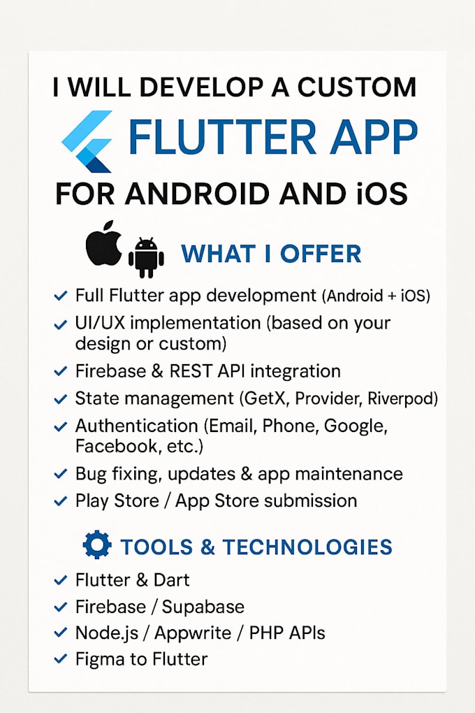 develop a custom flutter app for android and ios