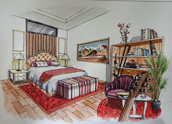 create interior illustration with watercolour style handmade