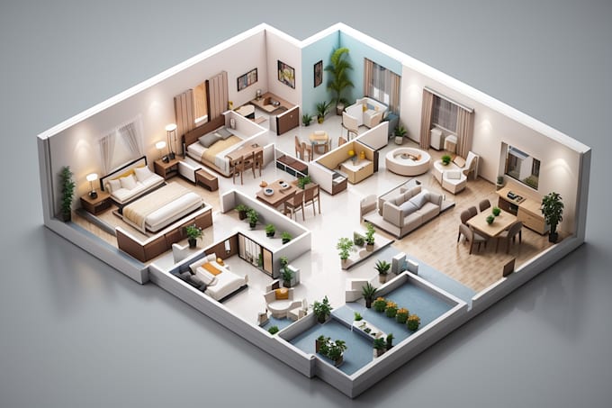 do architectural isometric 3d floor plan, interior and exterior in sketchup
