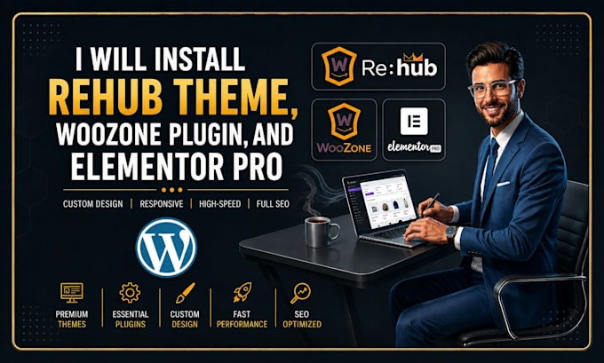 install rehub theme, woozone plugin, elementor pro