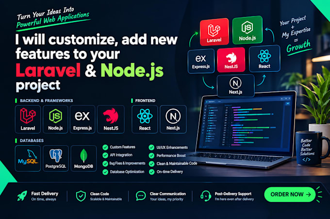 customize, add new features to your laravel, and nodejs project