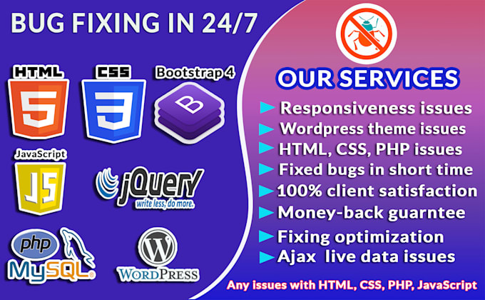 Fix html css bootstrap php wordpress bug or errors fixing by ...