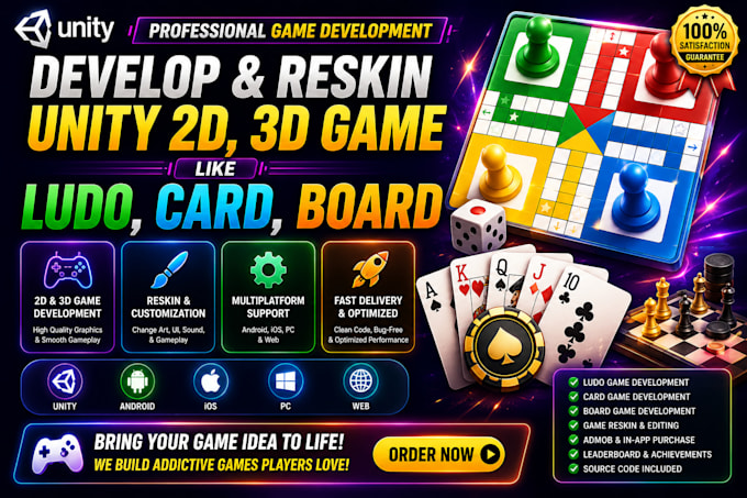 develop and reskin unity 2d, 3d game like ludo,card,board