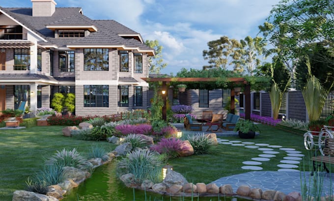 design backyard front yard garden pool patio deck terrace landscape 3d render