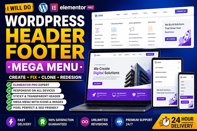 fix, design, revamp elementor header, footer and mega menu