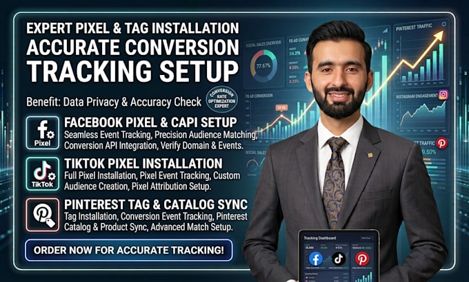 install facebook pixel, tiktok pixel and pinterest tag for conversion tracking