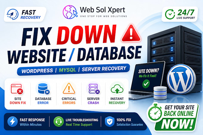 fix down website or database, quick wordpress shopify recovery support