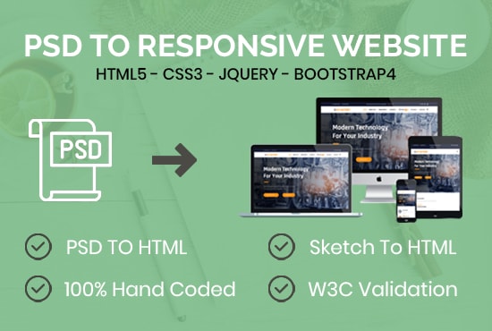 convert psd to html or sketch to html responsive website design in 24 hours
