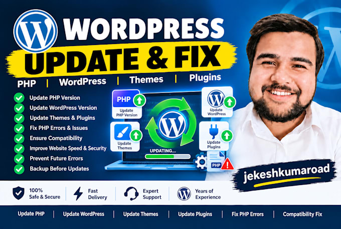 update php version, wordpress version, themes, plugins and fix php errors issues