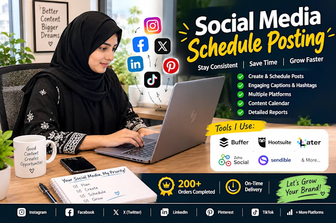 schedule, design and manage your social media posts via buffer and hootsuite