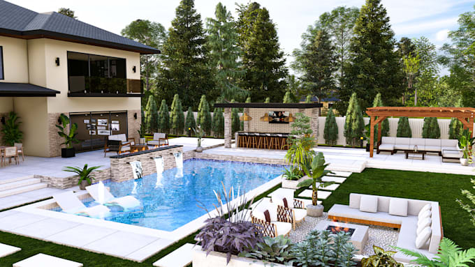 design outdoor kitchen pergola patio backyard with realistic 3d rendering