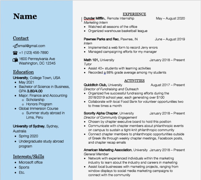 Design a resume for young professionals and college ...