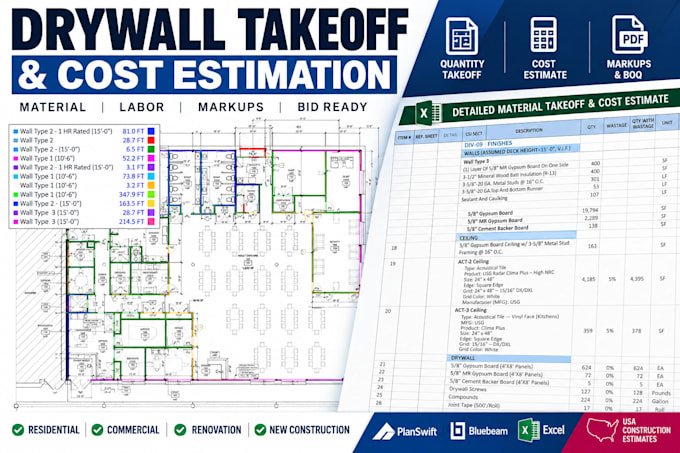 do drywall takeoff, material estimate and cost estimation