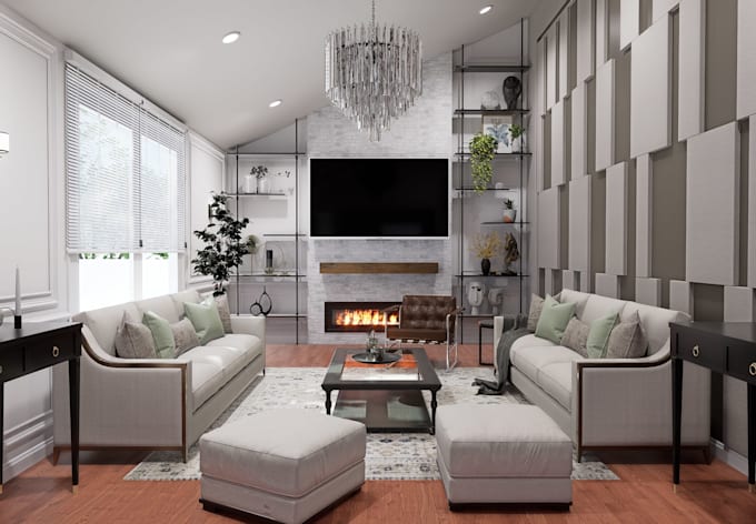 do interior design of living room, kitchen, and bathroom with 3d rendering