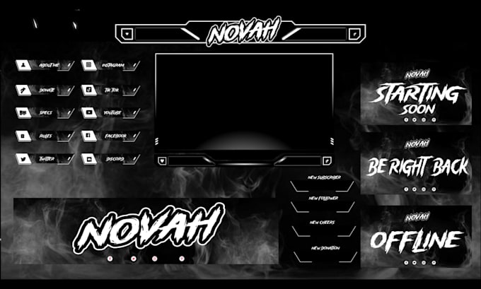 create animated twitch overlay, screens, panel, alert and twitch logo