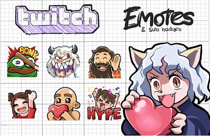 draw custom cute character twitch emotes or badges for you