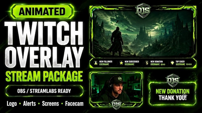 design animated twitch and kick overlay stream package with logo