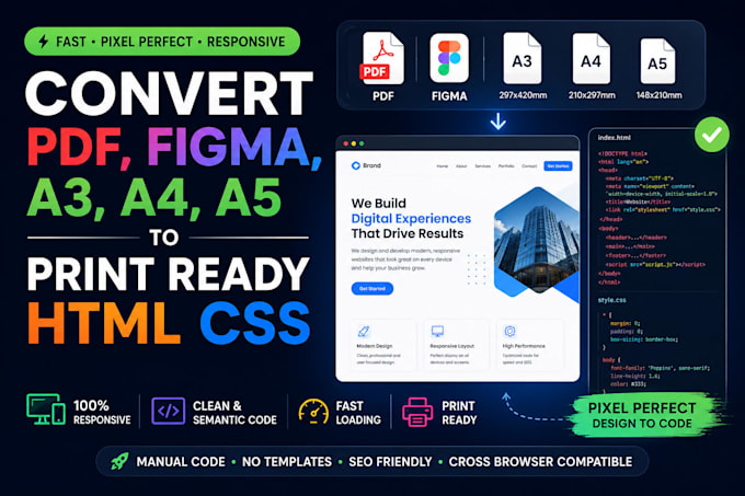 convert PDF, figma, a3 a4 a5 designs to print ready HTML CSS