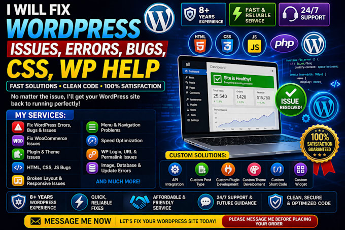 fix wordpress issues, errors, bugs, CSS, wp help