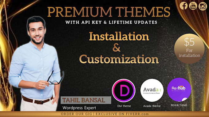 install, customize premium wordpress themes divi theme,avada theme ,rehub theme