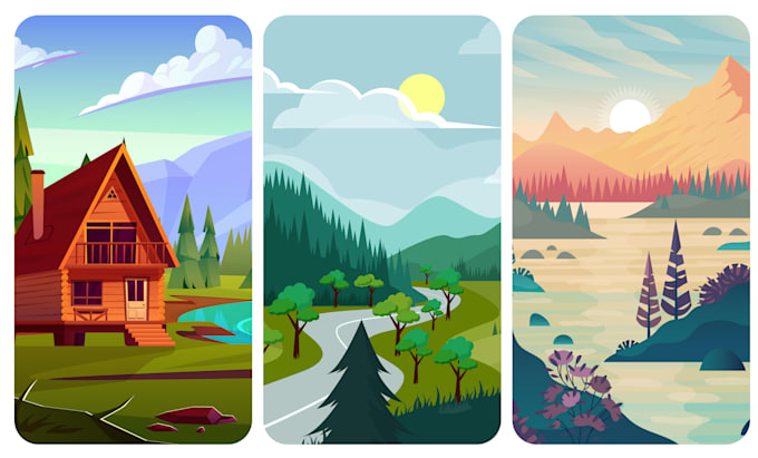 draw flat vector landscapes for games, books, animations, and prints