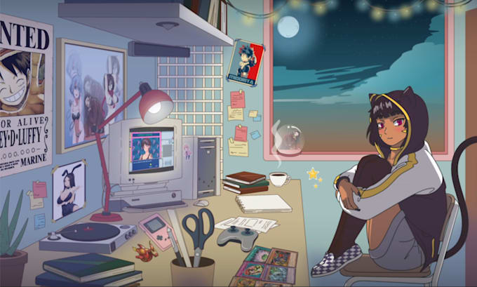 make a lofi hip hop, starting soon and gif animation