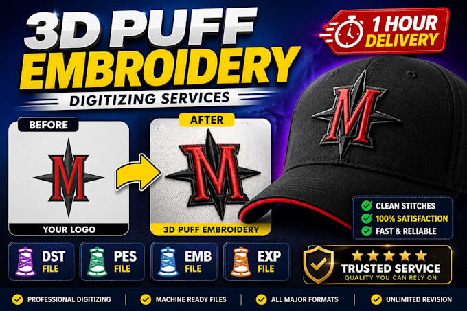 3d puff digitizing embroidery digitizing for caps in 1 hour
