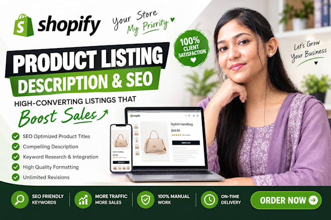 write SEO product product listings and shopify store manager
