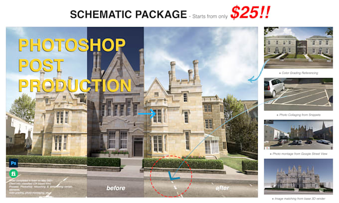 do photoshop post production of architecture 3d render