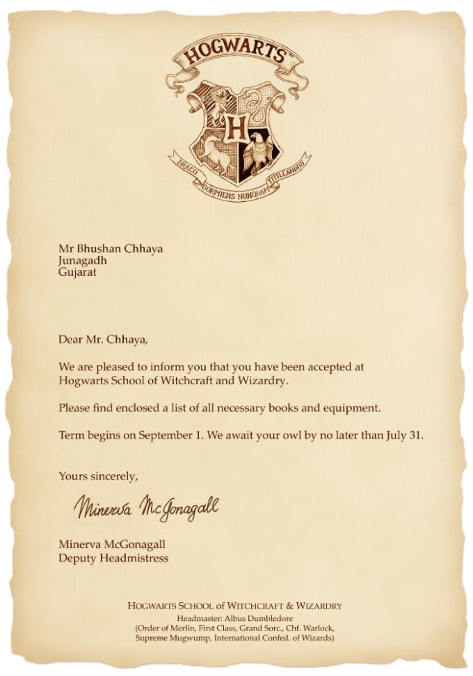 Harry Potter letter PERSONALIZED letter of acceptance Hogwarts 
