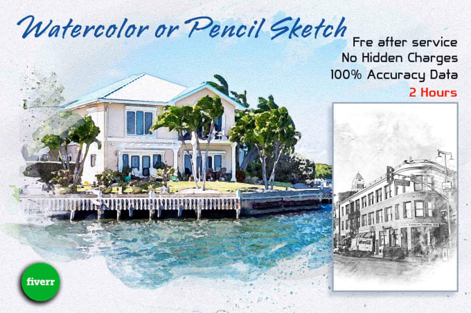 watercolor painting or pencil sketch house and landscape