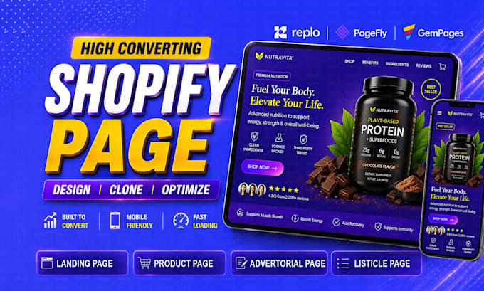 design or clone shopify landing page using replo, pagefly, gempages