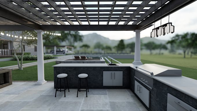design backyard, patio, garden, pool, landscape and 3d renderings