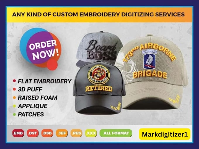 do 3d,puff, hat embroidery digitizing