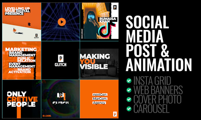design awesome insta grid, facebook posts and animation