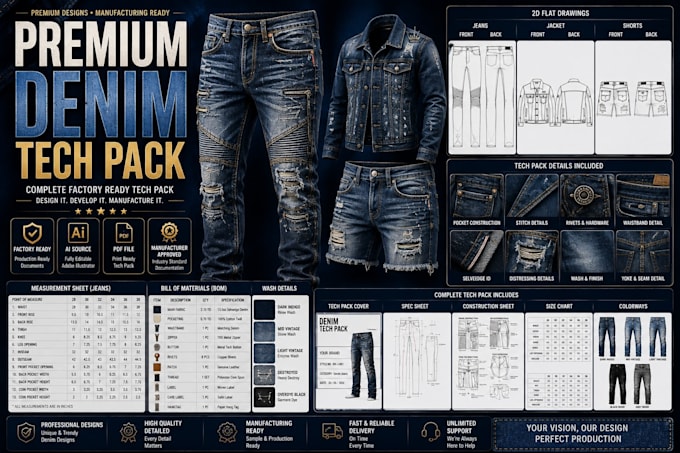 create premium denim jeans jacket and shorts factory ready tech pack