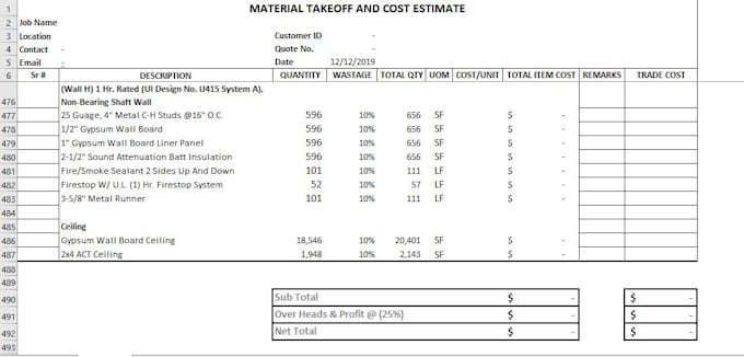 provide reliable cost estimates material take off