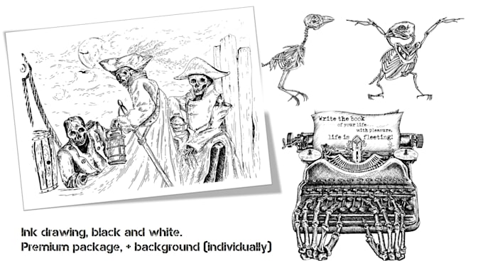 gothic and mystical illustrations, skeletons