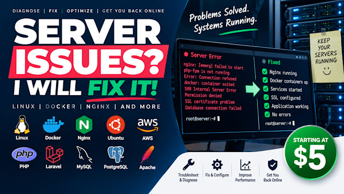 troubleshoot and fix linux, docker, nginx or server issues