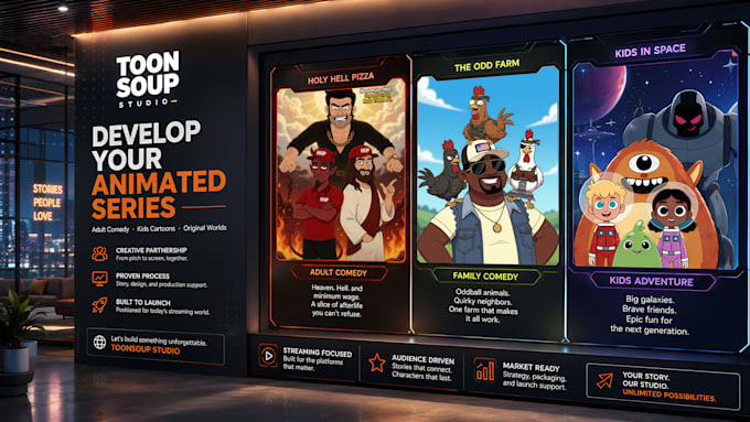help you produce a 2d prime time animated series, sitcom, kids cartoon or other